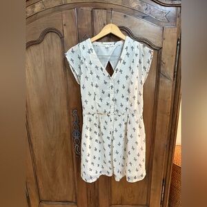 Button-Front Ivory Mini Dress with Black Motif